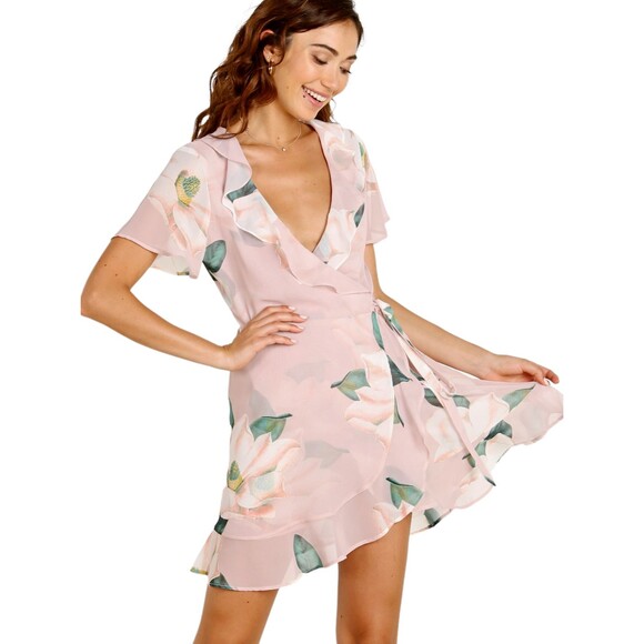 SHOW ME YOUR MUMU Floral Winnie Wrap Dress L Pink Ruffle Flutter Sleeves Mini - Picture 1 of 7